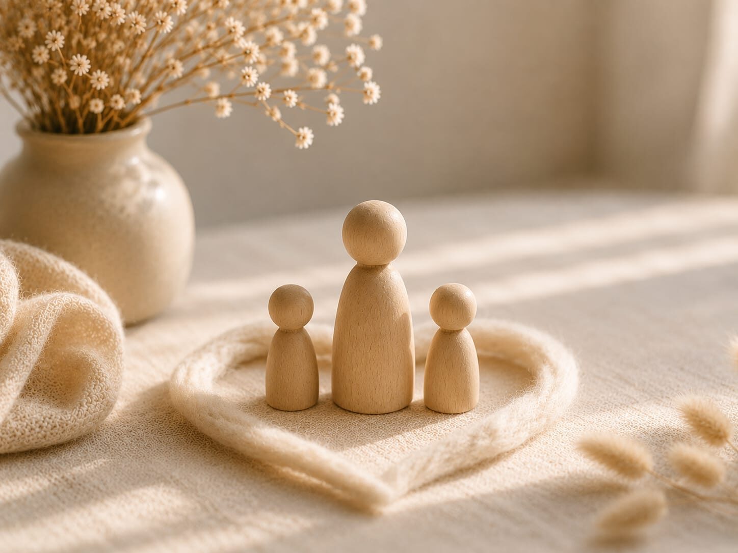 Houten poppetjes van ouder met twee kinderen op zacht linnen met droogbloemen in warm licht