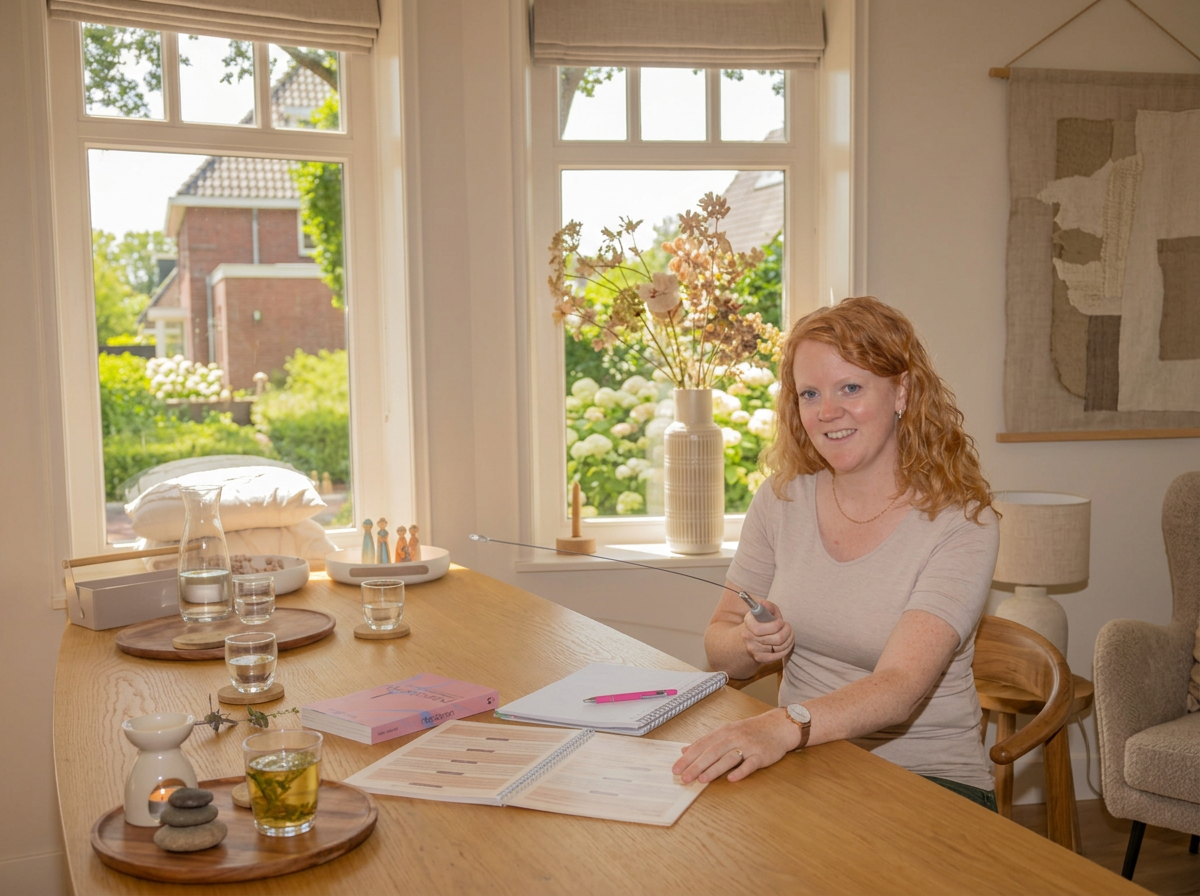 Jannie aan tafel met de biotensor volledig in beeld, in een lichte praktijkruimte met uitzicht op groen